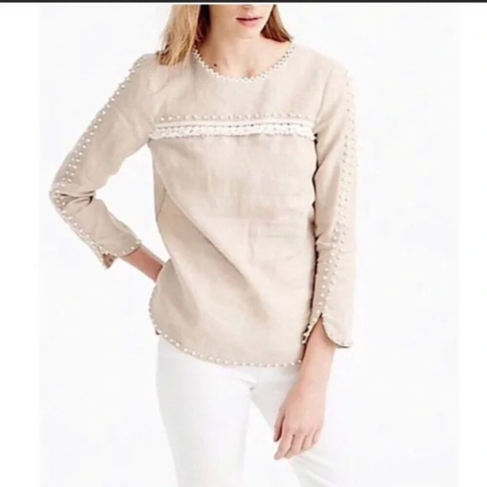 J Crew Women's Embroidered Knot Linen Long Sleeve